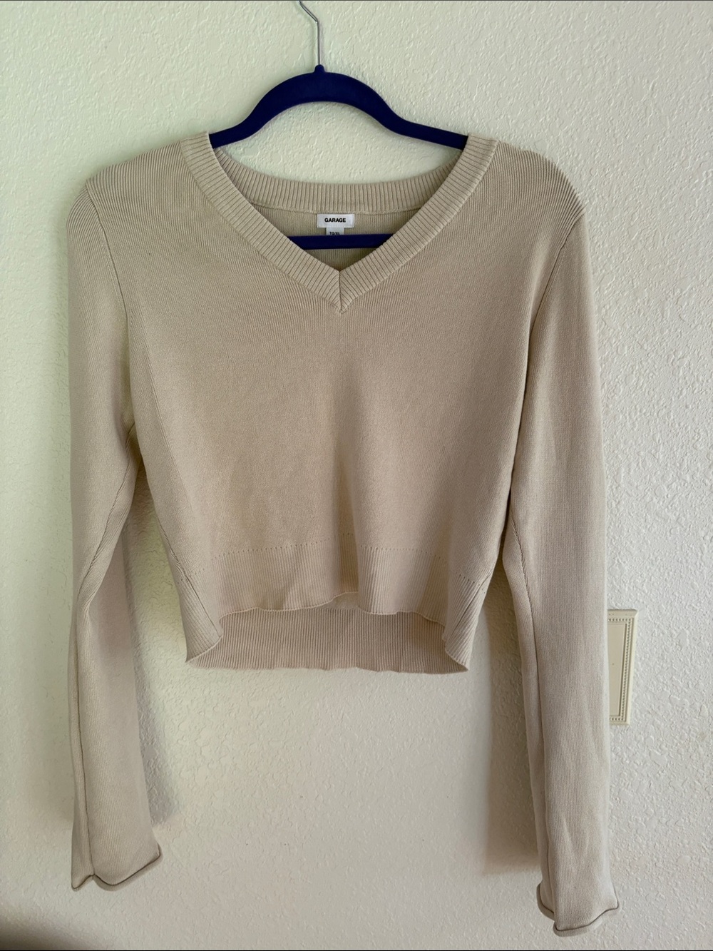 Garage Beige V-Neck Cropped Sweater